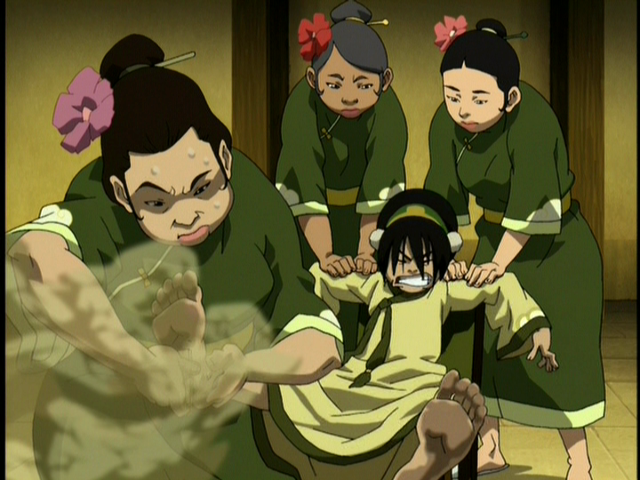Lower... lower... Also, Toph's feet are only ever animated "dirty" when it's convenient.  Otherwise they're practically pristine.