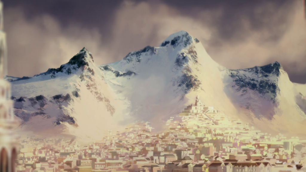 Dat photorealistic mountain range over a painting-like city.