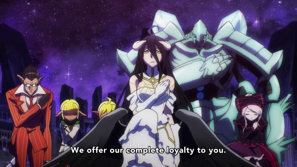 From left to right: Demiurge, Mare, Aura, Albedo, Cocytus, Shalltear.