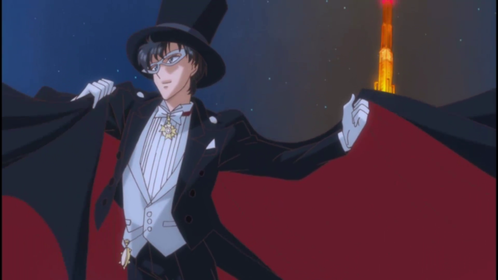 First of all, that mask is derpin.  Second, Tuxedo Mask doesn't have any powers yet, so there's no way he's flying.  