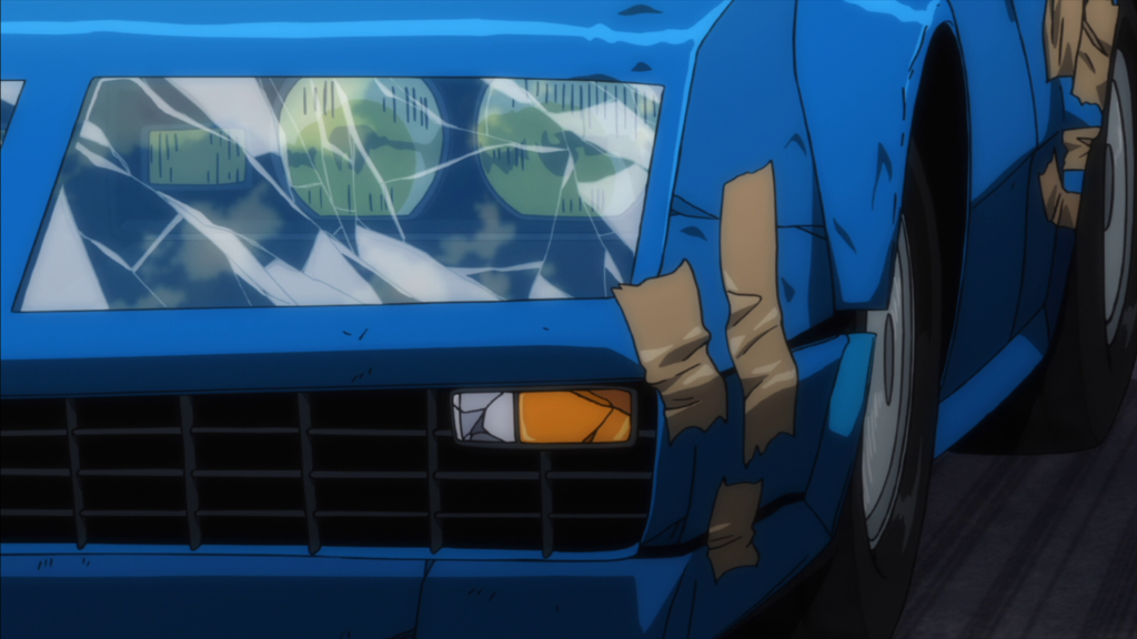 You know times are tough when you have to use packaging tape to fix a car.  Really, Misato?  You don't carry a roll of duct tape around?