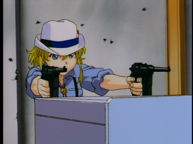 She never even hides behind that desk despite being severely outgunned.  Also, those bullets would easily tear through that desk, so it actually provides zero protection.